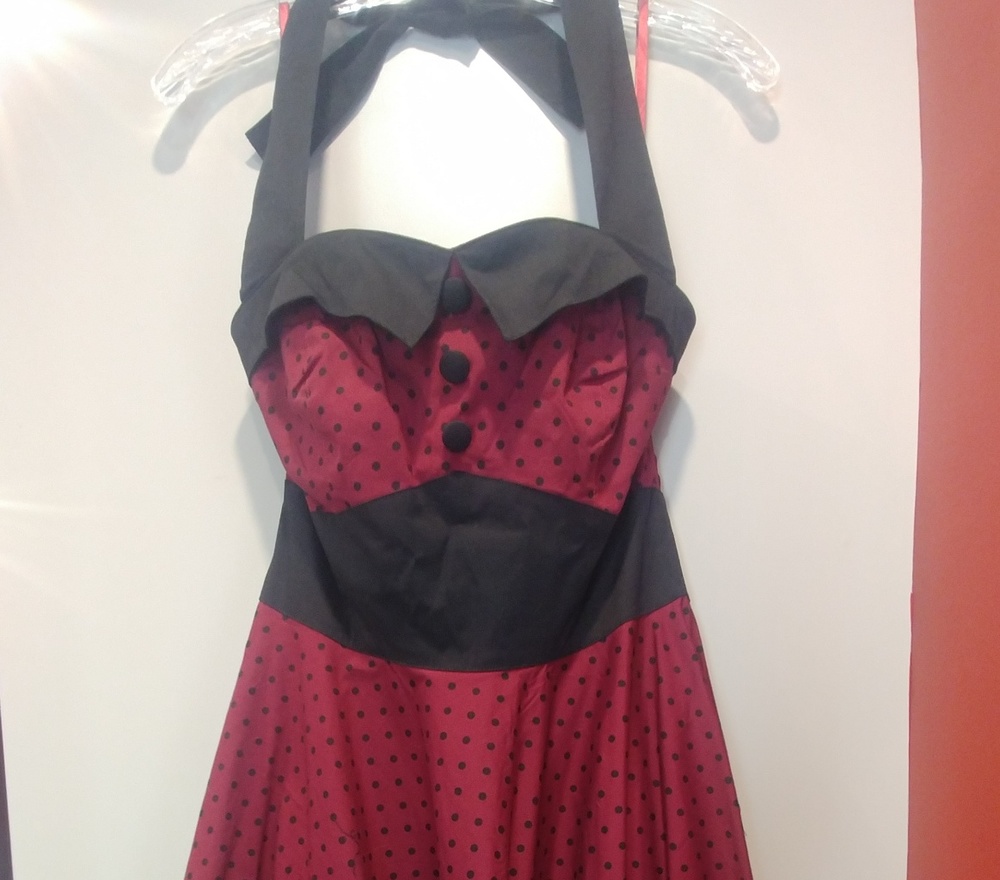Hell Bunny red black polka dot halter dress M